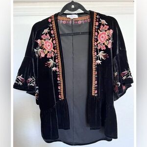 Black velvet cardigan with colorful embroidery